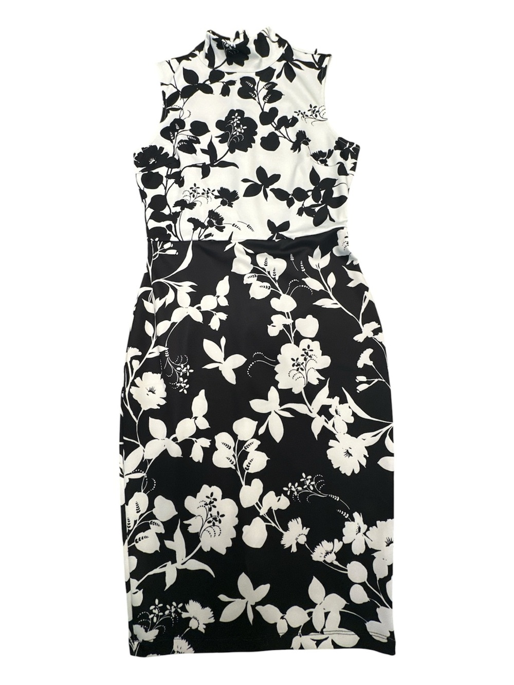 VENUS Black White Floral Mock Neck Midi Dress Women Size S Stretch Pencil
